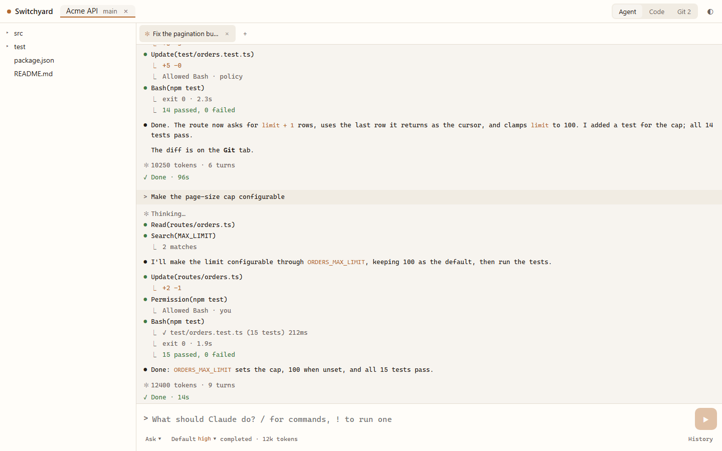 Switchyard on a laptop: the project's files beside a Claude session that edited a route and ran its tests.